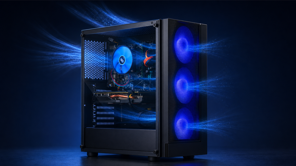 Fusion black gaming PC with blue RGB fans and airflow streaming across the case