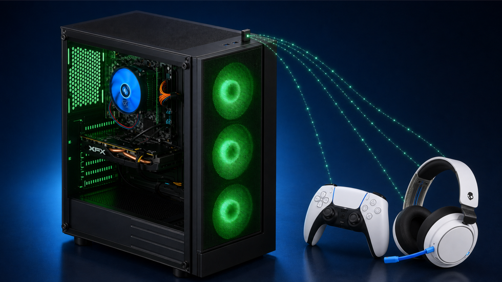 Fusion gaming PC with green RGB fans shown alongside a wireless controller and headset for WiFi and Bluetooth connectivity